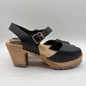 MIA Women's Greta Clog Heels Wood Leather Peep Toe Heel Size 8.5 Black 39 Open